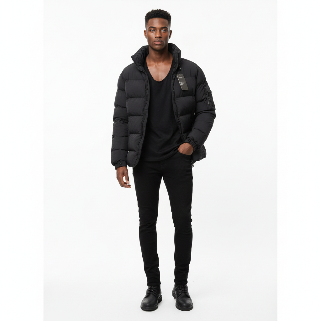 Men’s Black Puffer Jacket – High-Neck Insulated Design